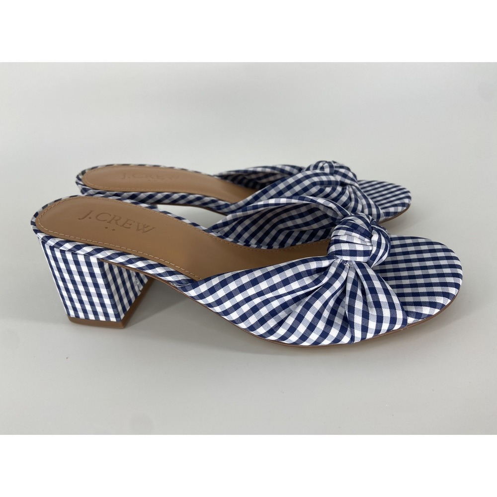 J Crew Sandals Womens 6 Blue Gingham‎ Plaid Knot Chunky Heel Summer Casual